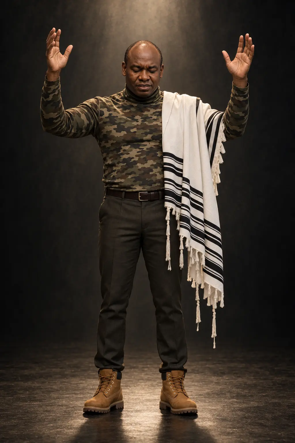 Pastor Henry Nwaneri standing in prayer with raised hands and a tallit over his shoulder.