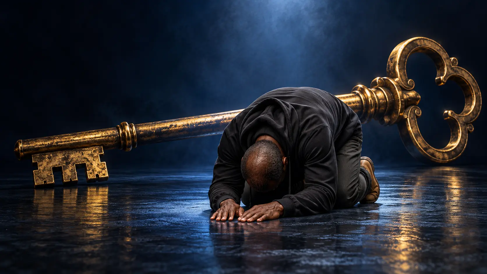 Pastor Henry kneeling face-down in prayer before a large golden key