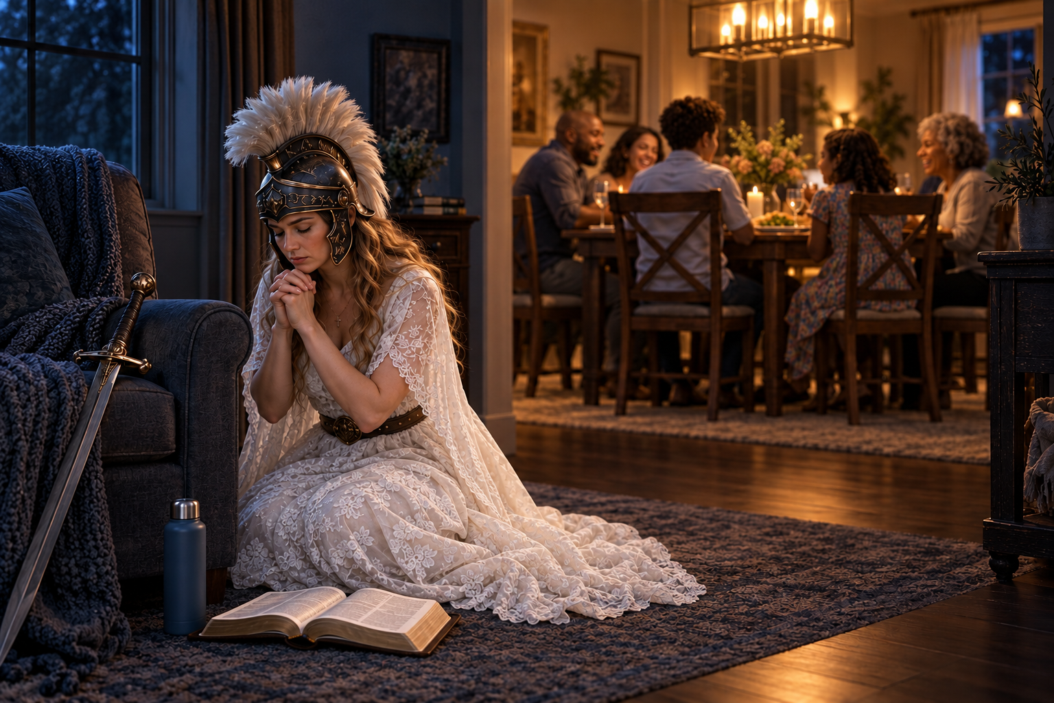 An intercessor praying alone while family and friends share a meal nearby