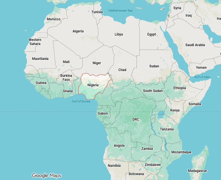 Map of northern and central Africa with Nigeria’s national boundary highlighted in red, west of Cameroon and south of Niger