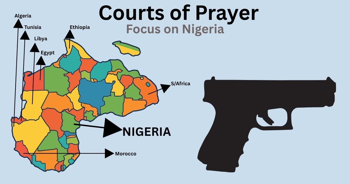 Symbolic sideways illustration of Africa beside a handgun silhouette, with Nigeria emphasized as the imagined trigger position