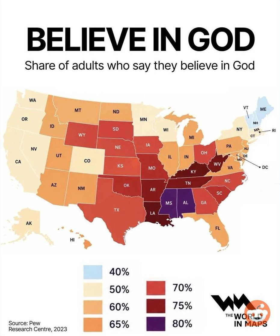 USA map showing state-level shares of adults who say they believe in God, with a legend from 40% to 80%.