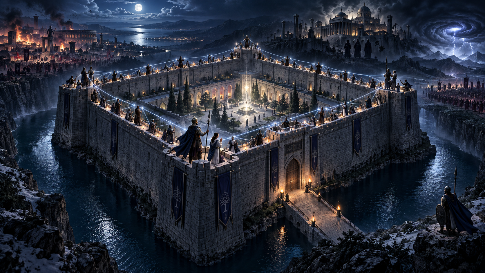 An aerial view of watchmen connected across the four walls of a fortified city