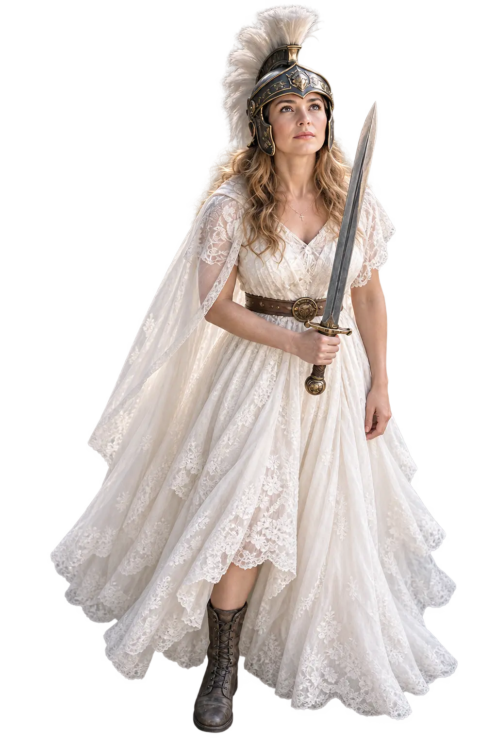 The intercessor in a wedding gown with a sword