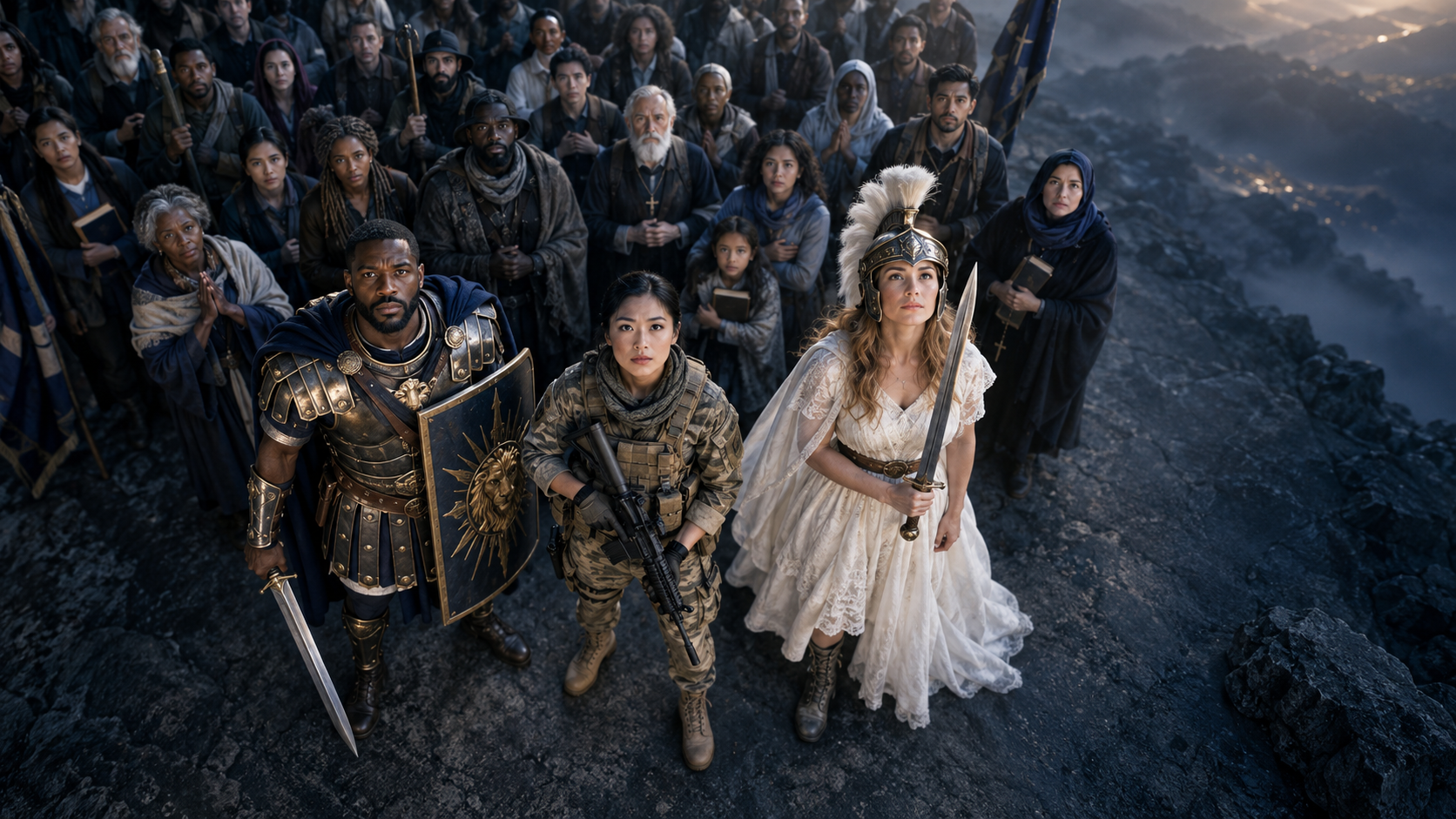 A watcher, warrior, and intercessor standing before a diverse company of believers